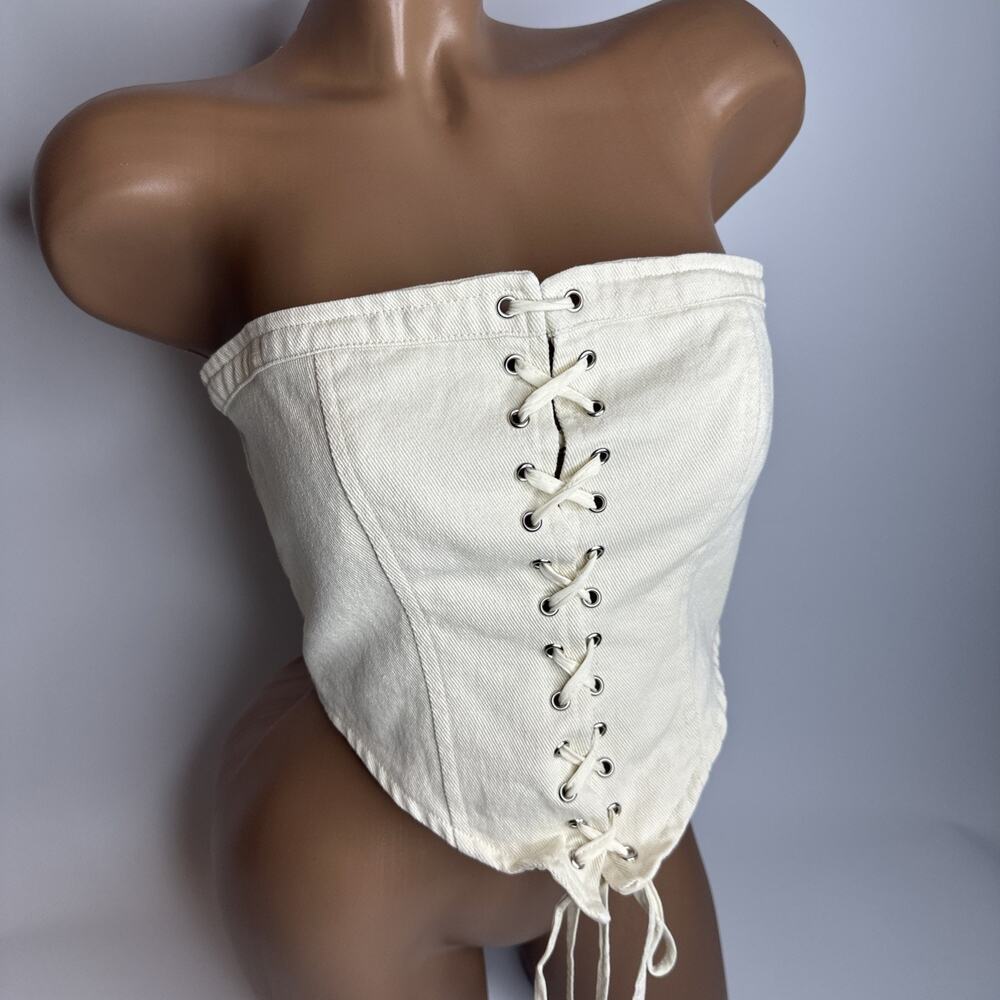 White Fox Boutique Martini Hour Strapless Denim Corset Top Cream Medium Sexy EUC
